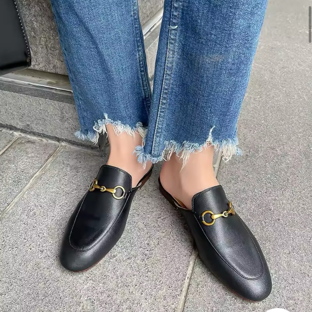 Black Genuine Leather Loafers with Gold Accent
